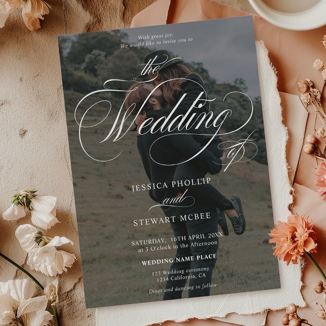 Invitación Moda blanco negro 2 fotos caligrafía boda (Chic white black 2 photos calligraphy wedding invitation)