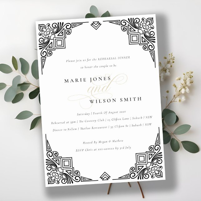 Invitación Moda Blanco Negro Art Deco Ornato Ensayo Cena (Subido por el creador)
