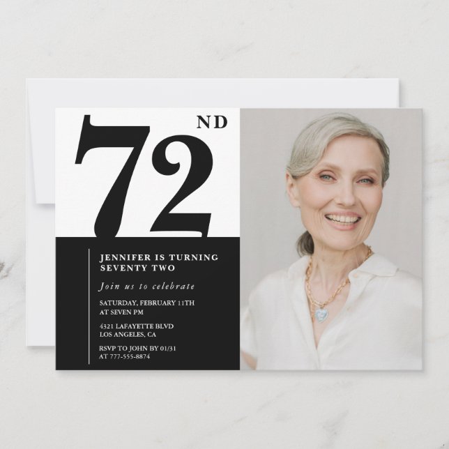 Invitación Moda Blanco Negro Foto 72º cumpleaños (Anverso)