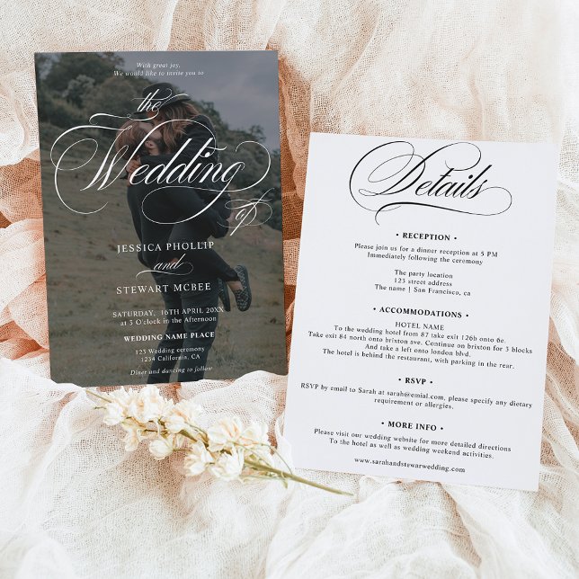 Invitación Moda Blanco negro todo en un solo boda de foto de  (Chic Black white all in one script photo wedding Invitation)