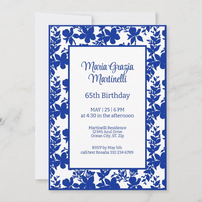 Invitación Moda Blue Azure Floral 65th Birthday Party (Anverso)