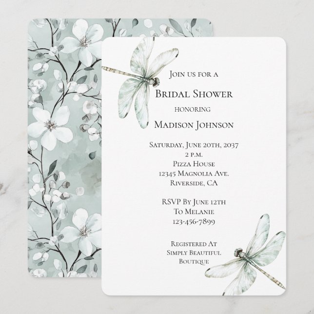 Invitación Moda Blue Dragonflies Floral Bridal Shower (Anverso / Reverso)