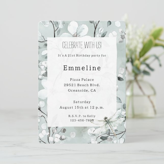 Invitación Moda Blue Dragonfly Dream Floral Birthday (Anverso de pie)