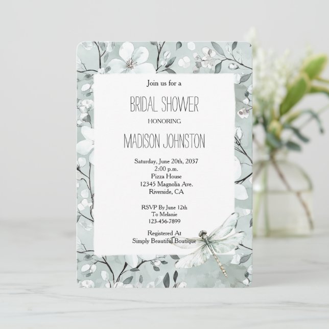 Invitación Moda Blue Dragonfly Dream Floral Bridal Shower (Anverso de pie)
