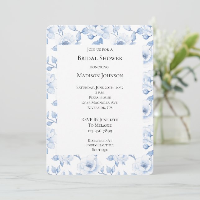 Invitación Moda Blue Floral Bridal Shower (Anverso de pie)