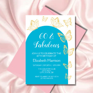 Invitación Moda Blue Gold Butterfly Fabuloso Cumpleaños