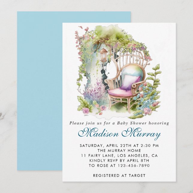 Invitación Moda Blue & Green Floral Garden Chair Baby Shower (Anverso / Reverso)