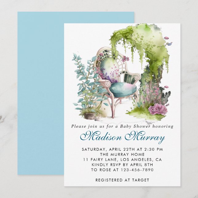 Invitación Moda Blue & Green Floral Garden Chair Baby Shower (Anverso / Reverso)