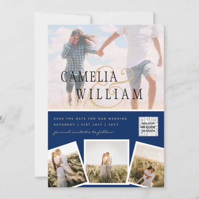 Invitación Moda Blue Photo Wedding Invitar código QR Guardar  (Anverso)
