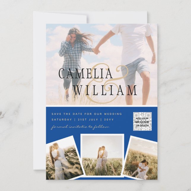 Invitación Moda Blue Photo Wedding Invitar código QR Guardar  (Anverso)