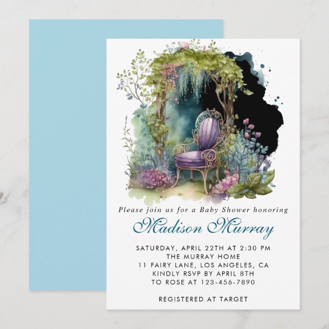 Invitación Moda Blue & Purple Floral Garden Chair Baby Shower (Anverso / Reverso)