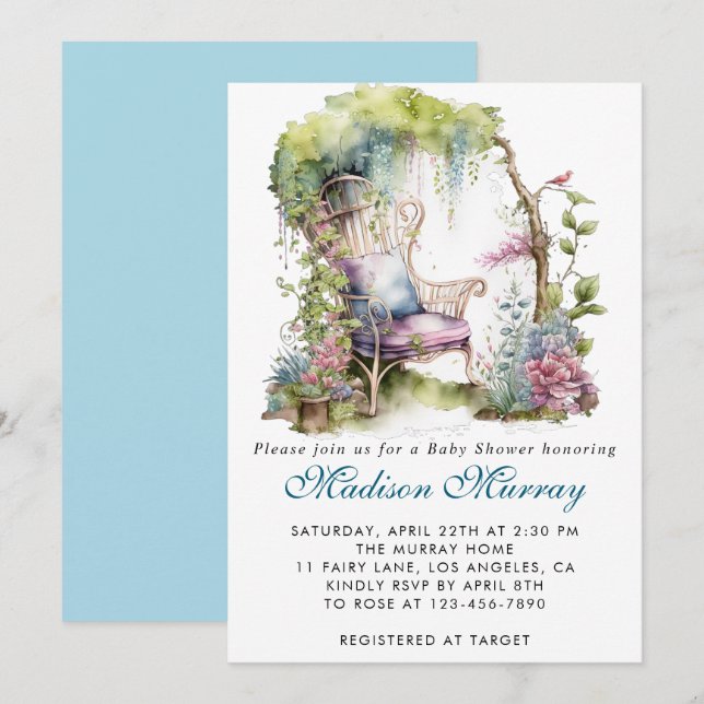 Invitación Moda Blue & Purple Floral Garden Chair Baby Shower (Anverso / Reverso)