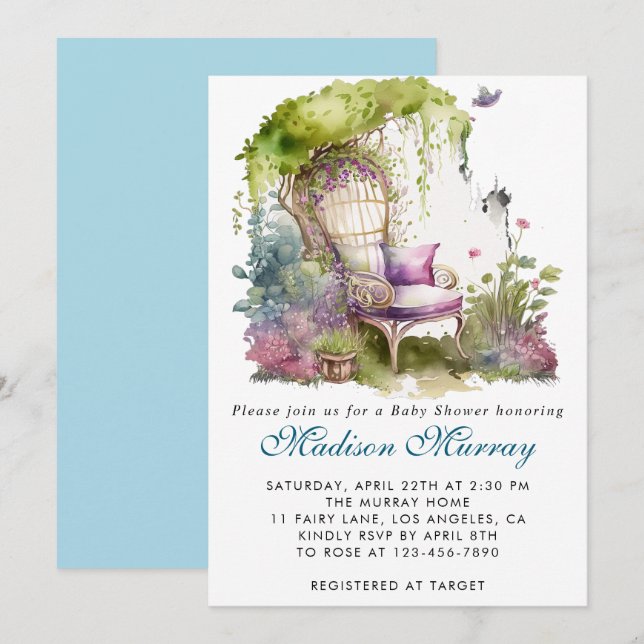 Invitación Moda Blue & Purple Floral Garden Chair Baby Shower (Anverso / Reverso)