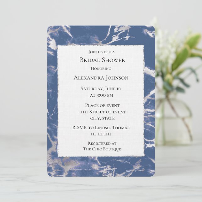 Invitación Moda Blue Silver Marble Bridal Shower (Anverso de pie)
