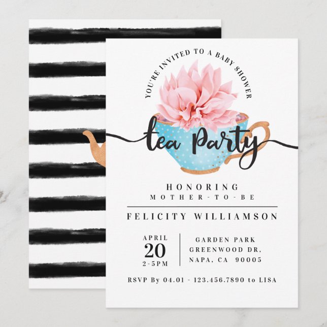 Invitación Moda Blue Teacup Tea Fiesta de Baby Shower Invitac (Anverso / Reverso)