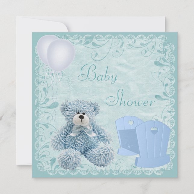 Invitación Moda Blue Teddy & Crib Baby Boy Ducha (Anverso)