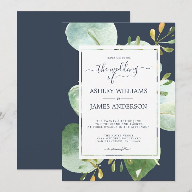Invitación Moda Boda Botánico Azul de la Marina de Eucalipto  (Anverso / Reverso)