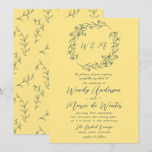 Invitación Moda Boda botánico de Boho amarillo y azul tiber (Anverso / Reverso)