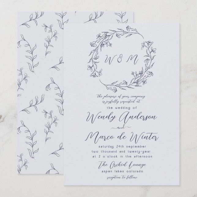 Invitación Moda Boda botánico de Boho gris cromático mínimo (Anverso / Reverso)