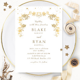 Invitación Moda Boda celeste con encanto blanco y dorado