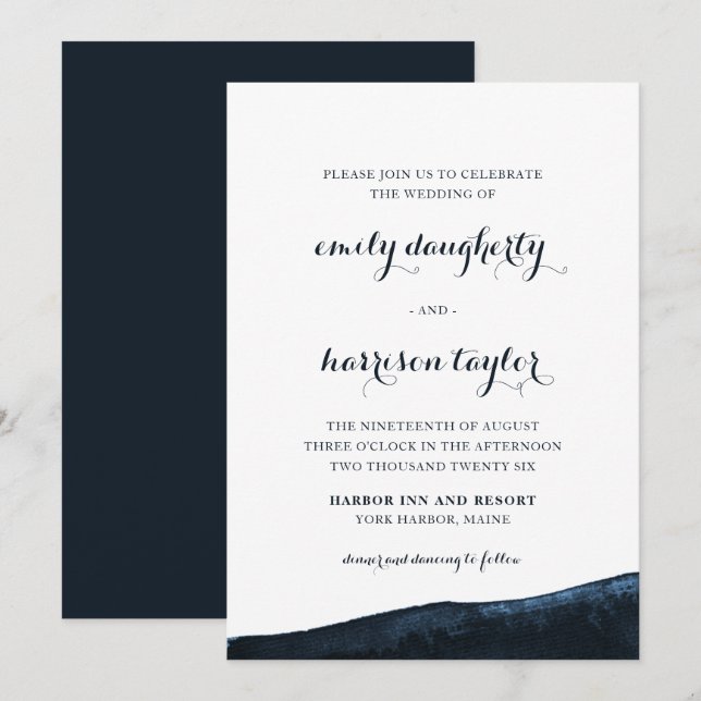 Invitación Moda Boda costero Elegante azul y blanco (Anverso / Reverso)