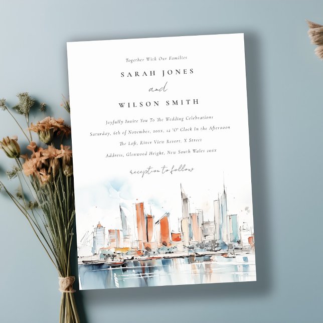 Invitación Moda Boda de acuarela de Miami Florida Skyline (Subido por el creador)