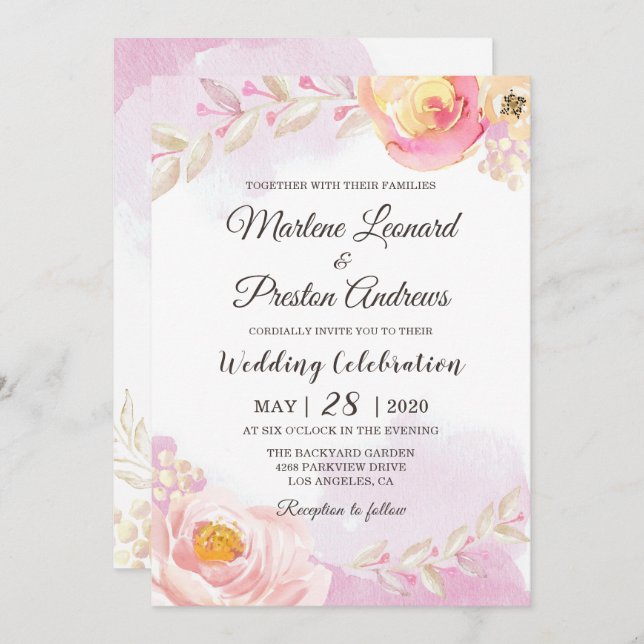 Invitación Moda Boda de acuarela floral rosa y dorada (Anverso / Reverso)