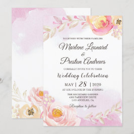 Invitación Moda Boda de acuarela floral rosa y dorada