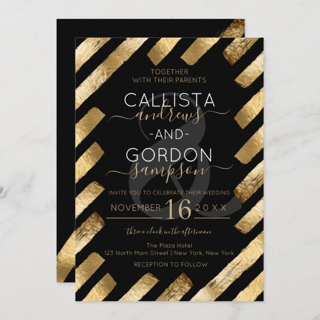 Invitación Moda Boda de borde de franja de pincel de oro negr (Anverso / Reverso)