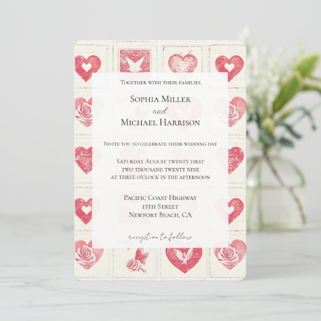 Invitación Moda Boda de Corazones de Crema Roja (Anverso de pie)