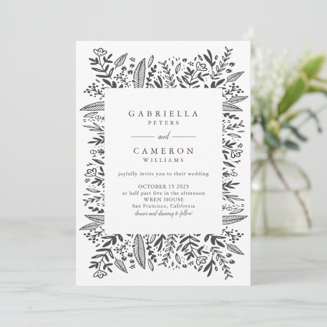 Invitación Moda Boda de dibujo de línea floral blanca negra (Anverso de pie)