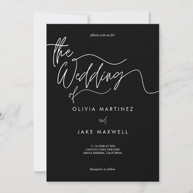 Invitación Moda Boda de escritura moderna en blanco y negro (Anverso)