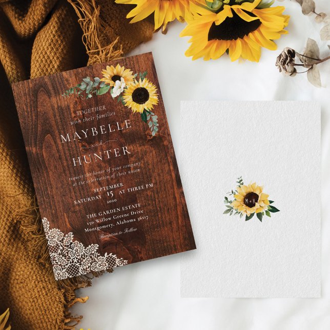 Invitación Moda Boda de flores amarillas girasoles encaje y m (Chic Yellow Sunflowers Lace & Woodgrain Wedding Invitation)