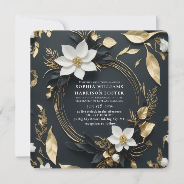 Invitación Moda Boda de flores de oro blanco negro de oro (Anverso)