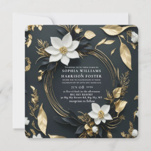 Invitación Moda Boda de flores de oro blanco negro de oro