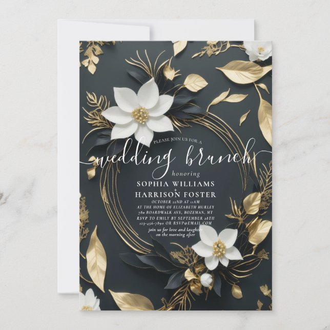 Invitación Moda Boda de foto de flores de oro blanco Brunch (Anverso)