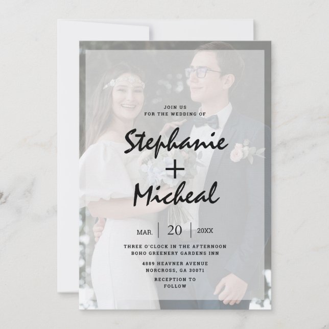 Invitación Moda Boda de fotografía con efecto Vellum negro y  (Anverso)