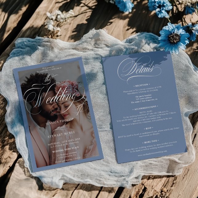 Invitación Moda Boda de fotos de escritura azul francesa (Chic French Blue Script All in One Photo Wedding Invitation)