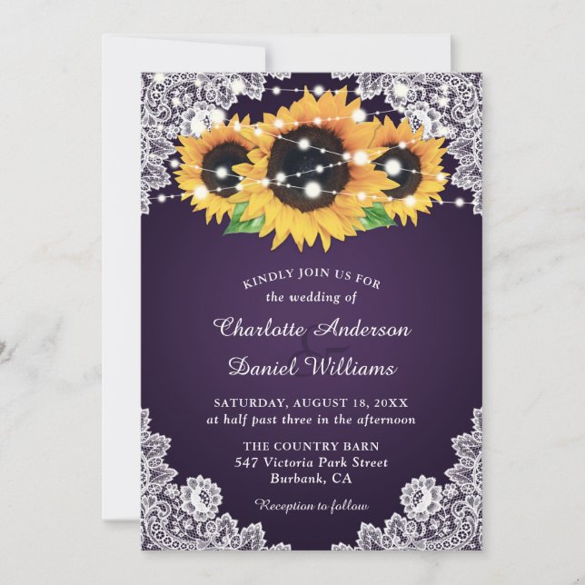 Invitación Moda Boda de girasol morado (Anverso)