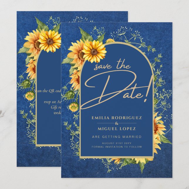 Invitación Moda Boda de girasoles amarillos azules todo en 1 (Anverso / Reverso)