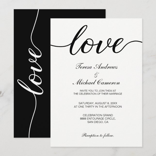 Invitación Moda Boda de guiones de amor en blanco y negro (Anverso / Reverso)