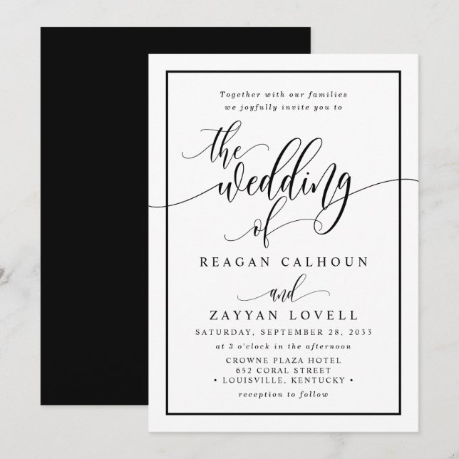 Invitación Moda Boda de guiones de caligrafía blanca y negra  (Anverso / Reverso)