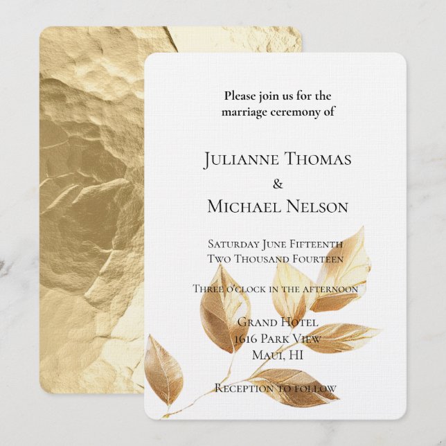 Invitación Moda Boda de hojas de oro (Anverso / Reverso)