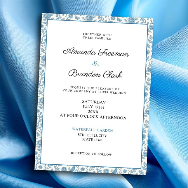 Invitación Moda Boda de la frontera floral Blue Toile de Jouy (Subido por el creador)