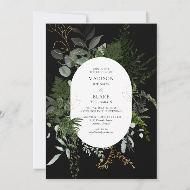 Invitación Moda Boda de la Selva Verde Negro (Anverso)