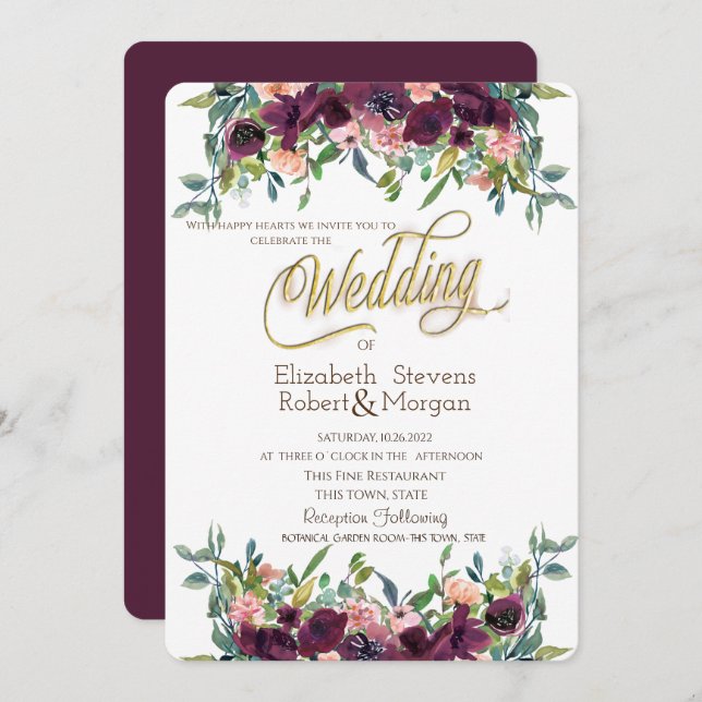 Invitación Moda Boda de las flores de Borgoña (Anverso / Reverso)