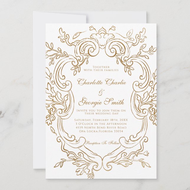 Invitación Moda Boda de marco ornato barroco de oro (Anverso)