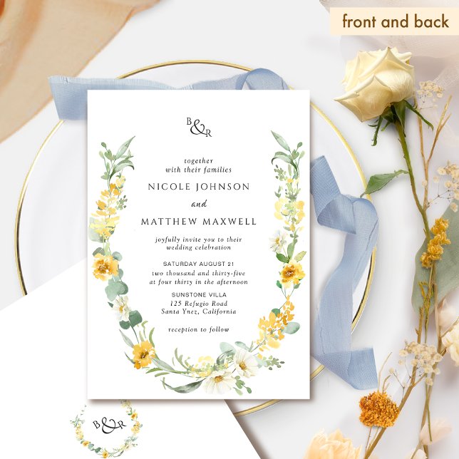 Invitación Moda Boda de monograma floral amarillo y blanco (Subido por el creador)