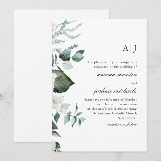 Invitación Moda Boda de Monograma Floral Blanca y Verde (Anverso / Reverso)