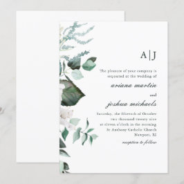 Invitación Moda Boda de Monograma Floral Blanca y Verde